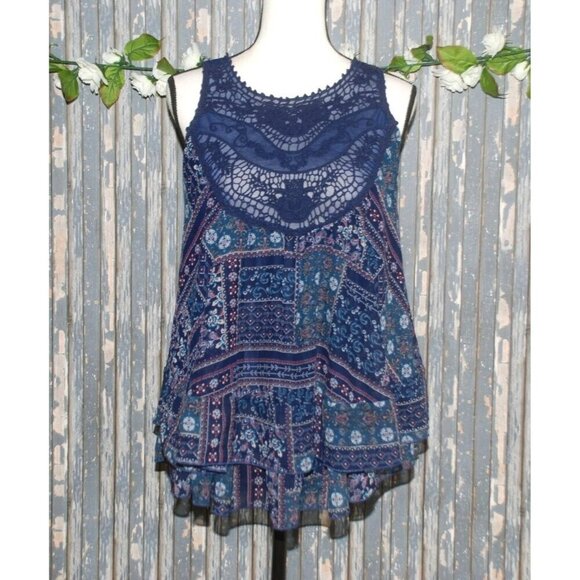 Altar'd State Crochet Blue Patchwork Sleeveless Blouse Top Size XS Flowy - Picture 1 of 11